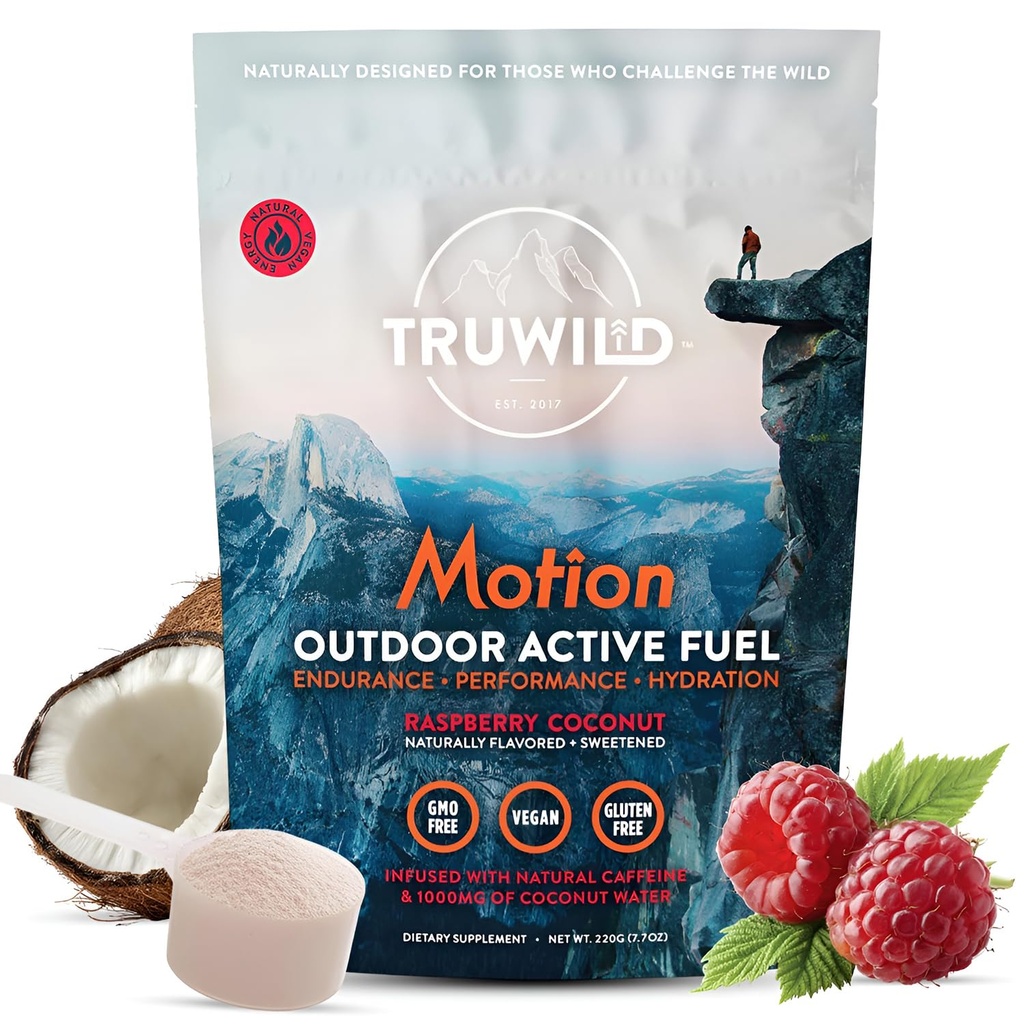 TruWild Motion All Natural Pre Workout Powder Drink Mix pour hommes et femmes sans jitters ou crash, végétalien entier à base de plantes alimentaires, biologique avec électrolytes + biopérine, 20 portions (Coconut Raspberry)