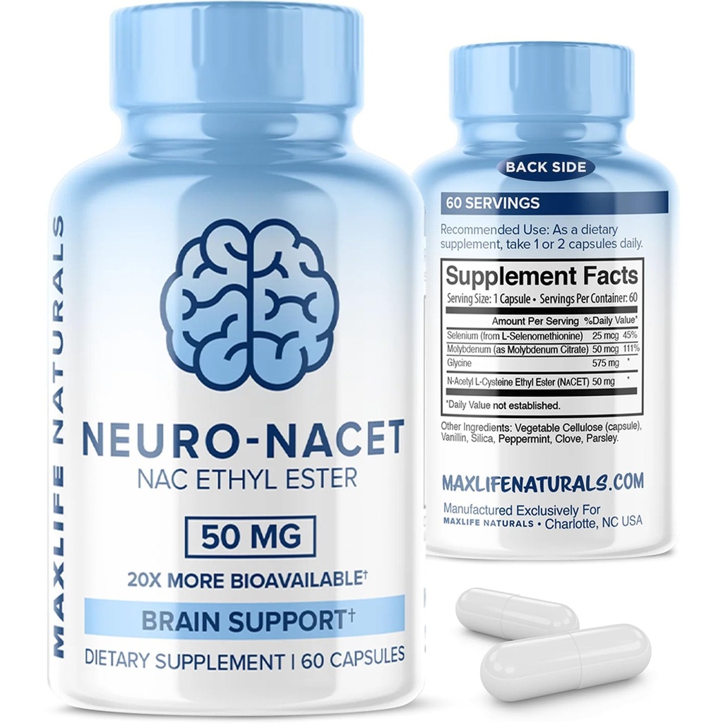 MaxLife Naturals Neuro NACET N-acétyl L-Cysteine – 60 Capsules, 20x Plus Biodisponible Supplément NAC Glycine N-acétyl Cysteine Ethyl Ester avec Sélénium, 10x Gultathion Boost pour le cerveau et le soutien pulmonaire