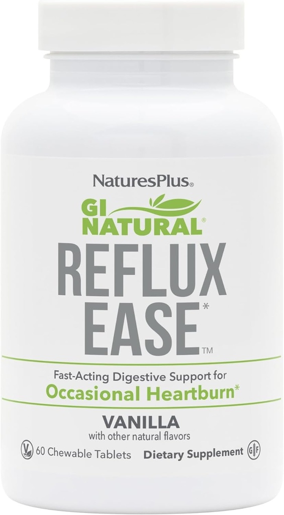 Natures Plus GI Natural Reflux Ease, Vanille - 60 comprimés à croquer - Soutien digestif à action rapide - Végétarien, sans gluten - 60 portions