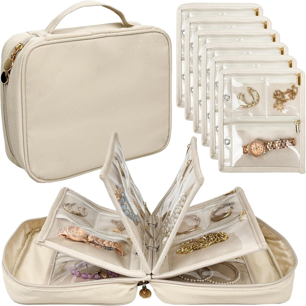 Bijoux de voyage Housse d'organisateur, Sacs de bijoux Binder de stockage de bijoux avec fermeture à glissière claire Poche de velours pour voyager, Boucles d'oreilles, Anneaux, Collier, Bracelet (blanc)