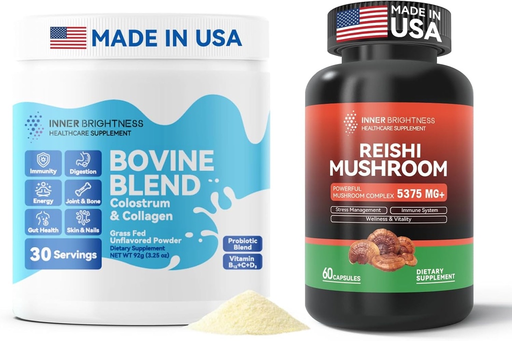 Bovin Colostrum & Collagène Poudre pour Gut Health, Immune Support, Supplément de croissance des cheveux et de beauté + Supplément de champignons Reishi avec Cordyceps