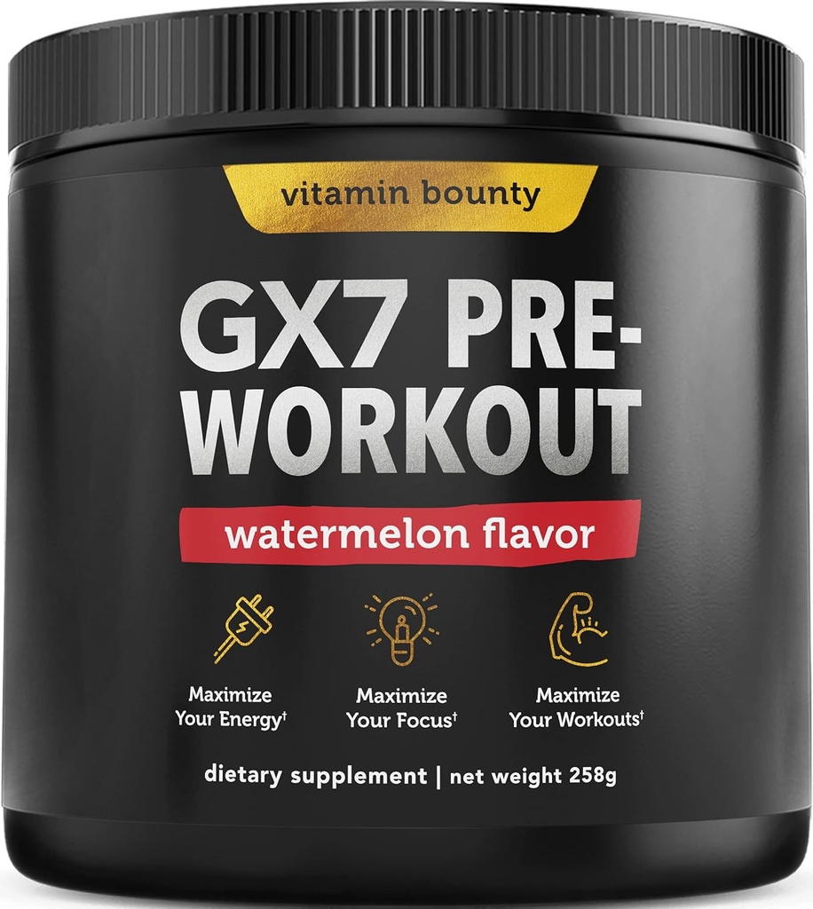 Vitamine Bounty Gx7 Pre Workout Poudre pour les hommes – Préentraînement pour les femmes - Supplément d'énergie de préentraînement sans sucre avec bêta-alanine, caféine, kéto, 0g Net Carbes - Saveur de pastèque, 20 portions