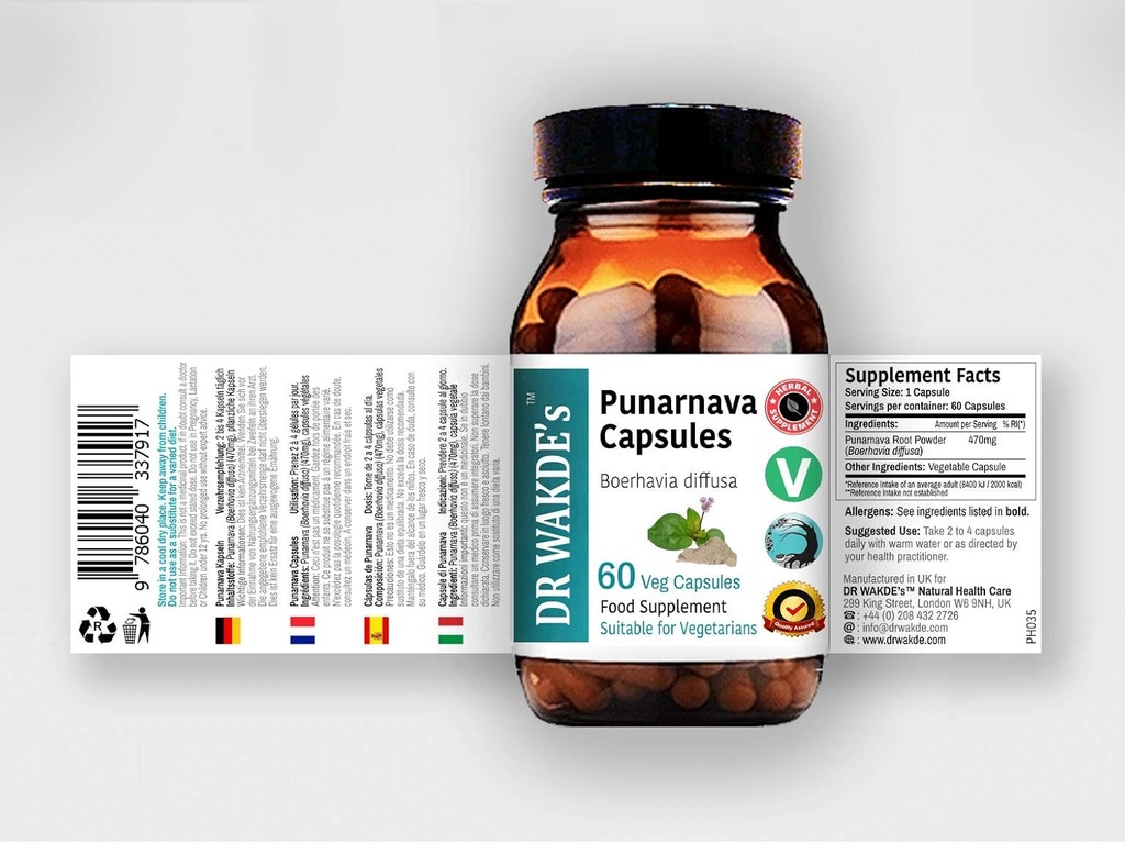 DR WAKDE'S Punarnava Capsules (Boerhavia diffusa, 60 Veg Caps, Plant-Based Supplement, Ayurvedic Herb, All Natural, Vegan)