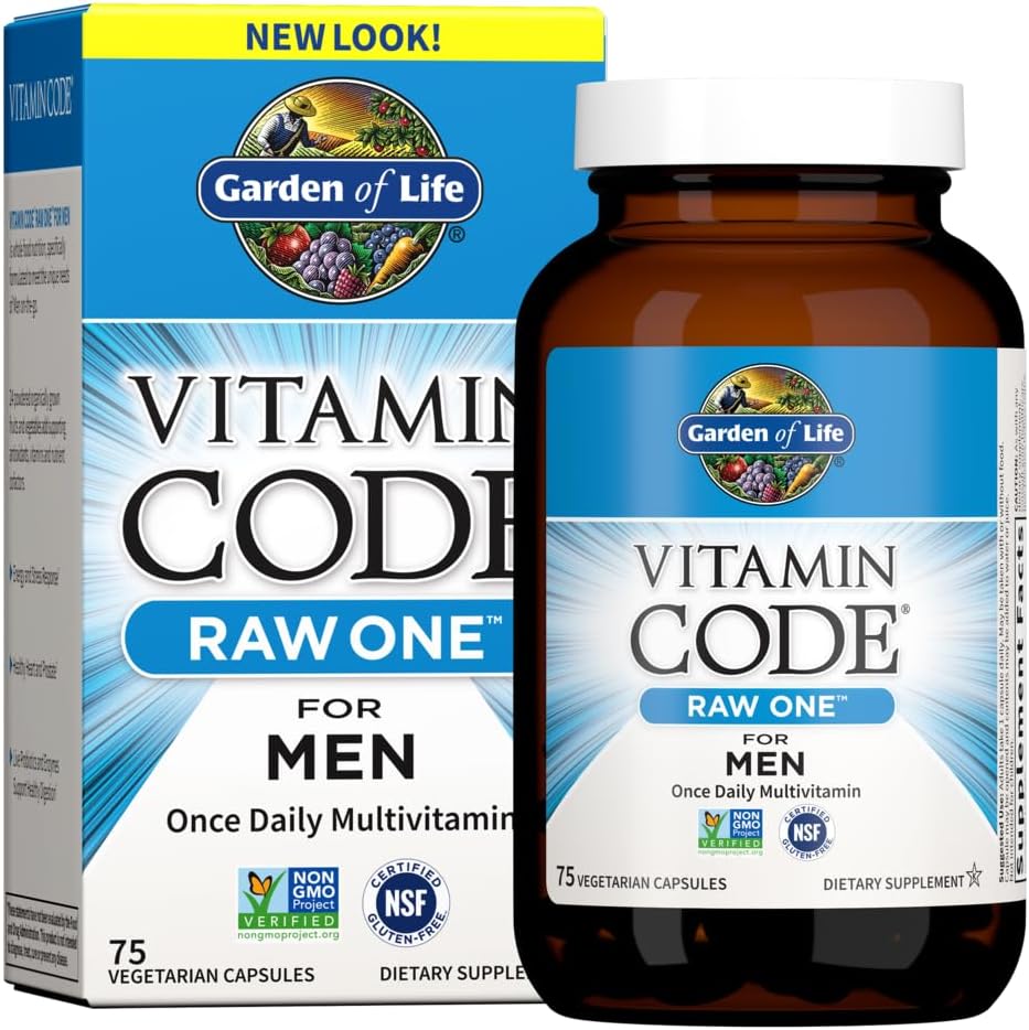 Garden of Life Code Vitamine Raw One pour les hommes, une fois par jour multivitamine, 75 capsules, une par jour hommes vitamines plus fruits, légumes et probiotiques pour les hommes santé, multivitamines végétariennes