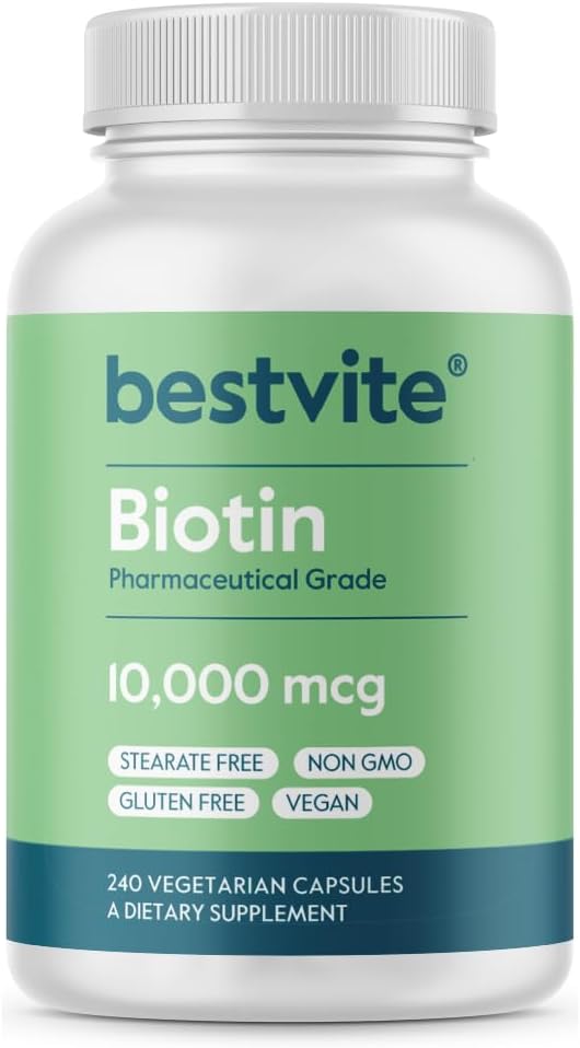 BESTVITE Biotine 10 000mcg (240 Capsules végétariennes) - Pas de stéarate - Pas de phosphate de dicalcium - Pas d'édulcorants artificiels - Pas d'arôme - Pas d'agents de débit - Vegan - Non OGM - Sans gluten