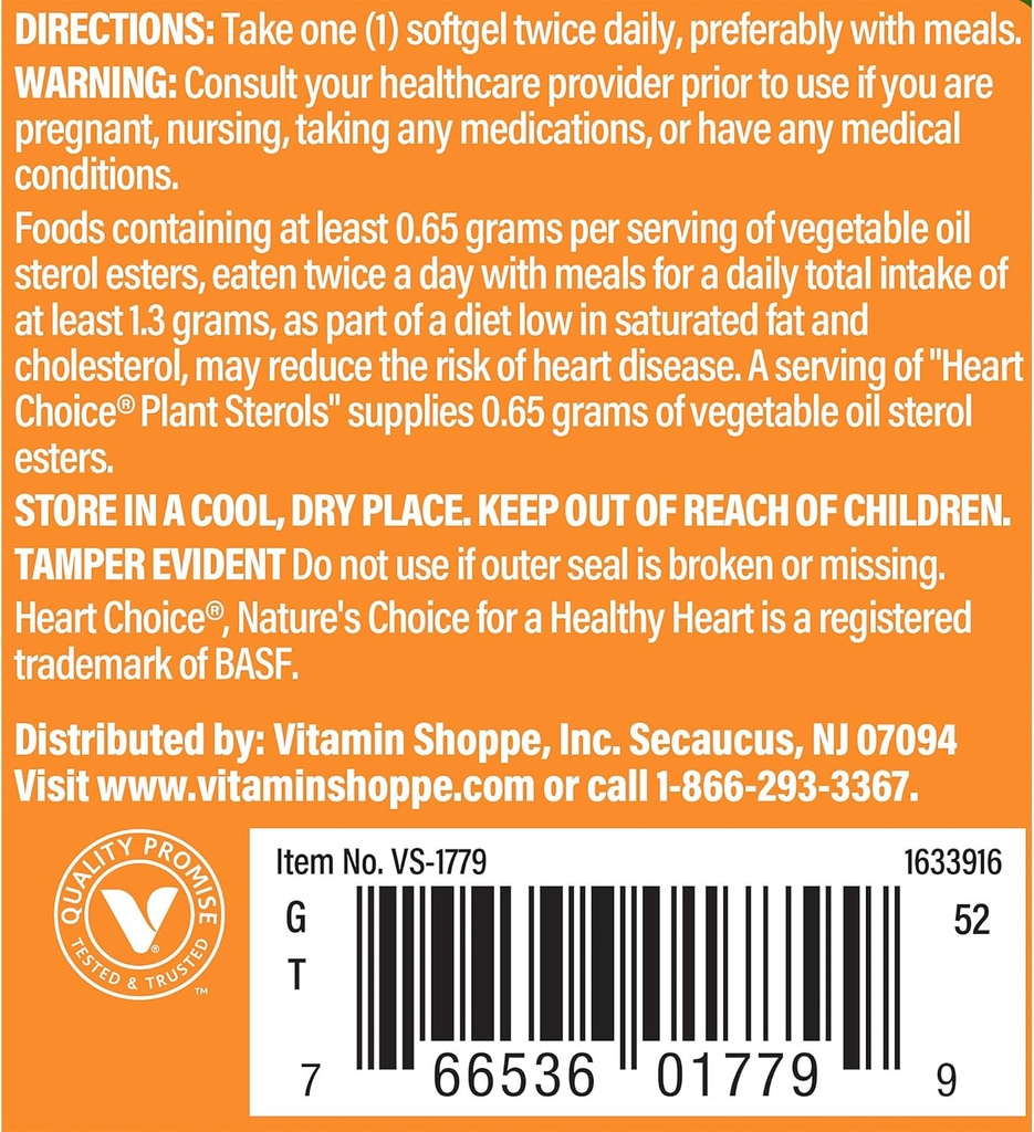 La vitamine Shoppe Heart Choice® stérols végétaux, soutient la santé cardiovasculaire et cholestérol, 1 fournitures de service .65 grammes d'huile végétale esters de stérol (60 softgels)