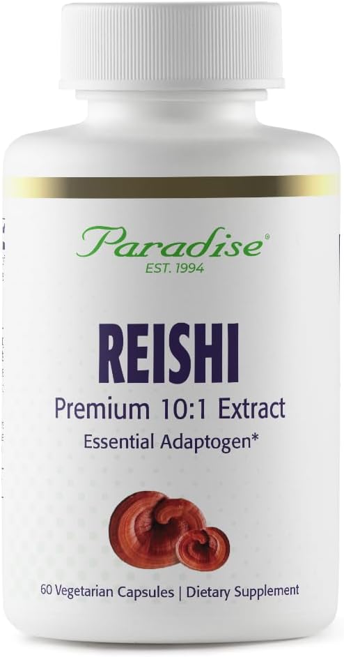 Herbes paradisiaques Reishi, Adaptogène essentiel, Super Potent, Ultra Pure, Non-OGM, Vegan, Sans gluten, 60 Capsules végétariennes