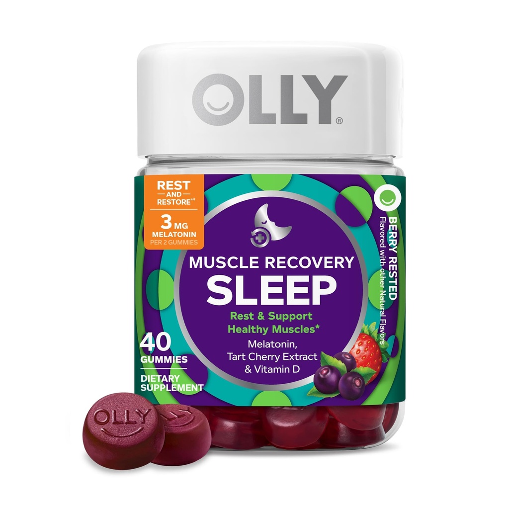 OLLY Recovery Muscle Sleep Gummies, Sommeil et soutien musculaire douloureux, 3mg Mélatonine, Tart Cherry, Vitamine D, Berry Flavor - 40 Compte