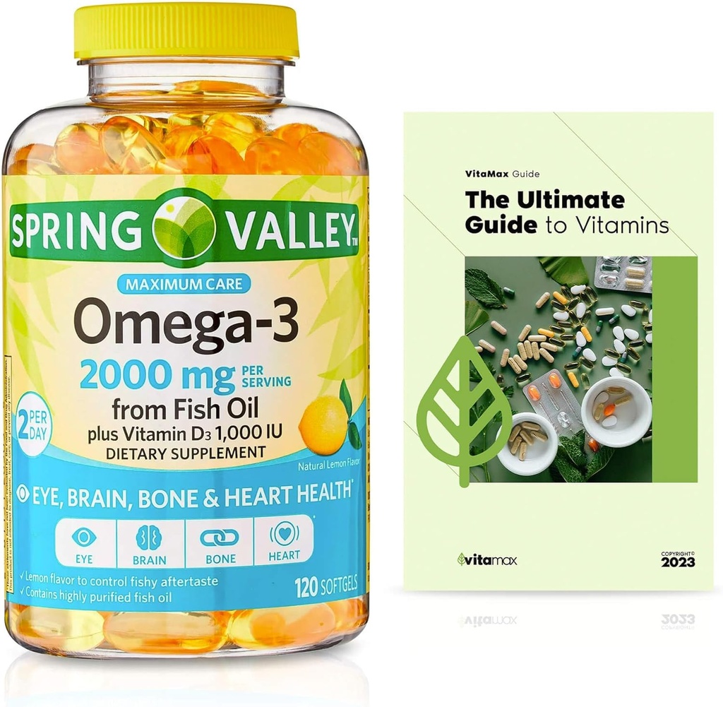 Spring Valley Omega-3 de l'huile de poisson 2000 mg, soin maximal, 120 Compte + Guide exclusif VitaMax Vitamine (2 articles)