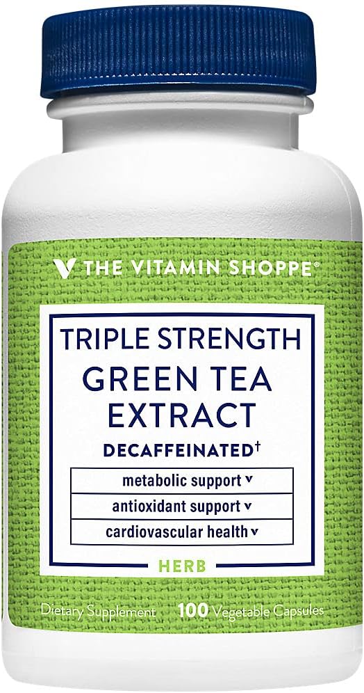 The Vitamin Shoppe Triple Strength Green Tea Extract 750mg Capsules with EGCG – A Natural Antioxidant to Support Fat Metabolism – Fights Free Radicals – Decaffeinated (100 Vegetarian Capsules)