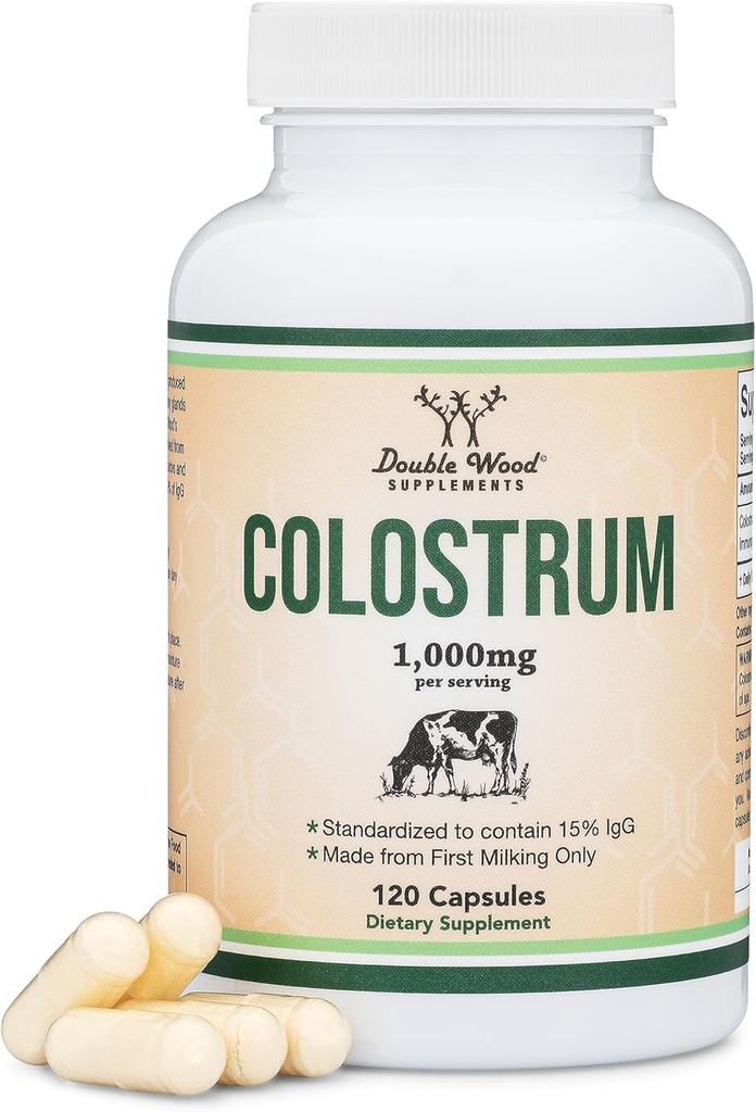 Colostrum Supplement 120 Capsules, 1,000mg per Serving (Bovine Colostrum Powder from First Milking Only, Std. to Contain 15% IgG Immunoglobulins) No Fillers, Third Party Tested by Double Wood