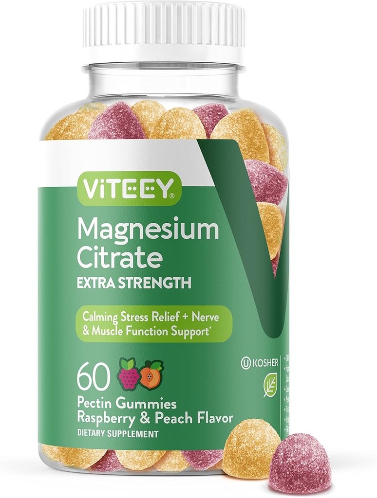 VITEEY Gommies de magnésium pour les adultes - 170mg de Gummy Citrate de magnésium pour le calme, le sommeil, la nervosité et la fonction musculaire - Vegan, sans gluten - 60 Nombre