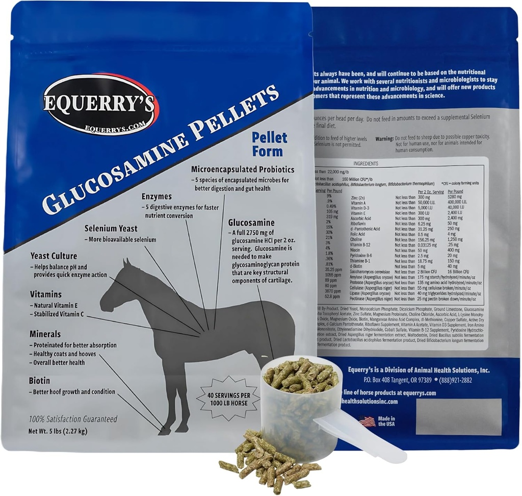 Pellets de glucosamine d'Equerry - Support pour chevaux avec probiotiques, enzymes digestives, vitamines et minéraux - Fabriqué aux États-Unis