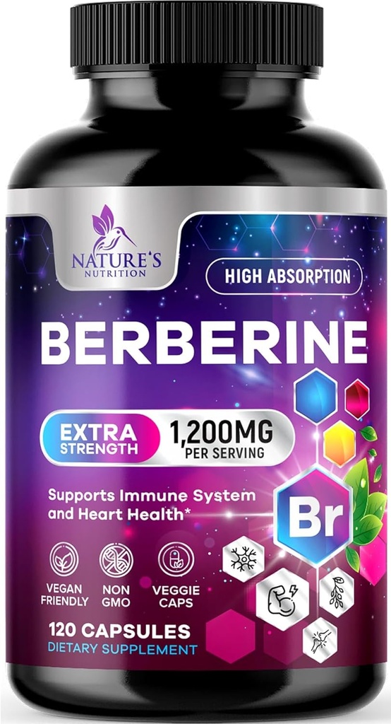 Supplément Berberine HCL 1200mg - Berberine HCI Capsules Supplément haute absorption pour la santé cardiaque et le soutien immunitaire, haute résistance, sans gluten, végétalien, non-OGM pilules - 120 Capsules Veggie