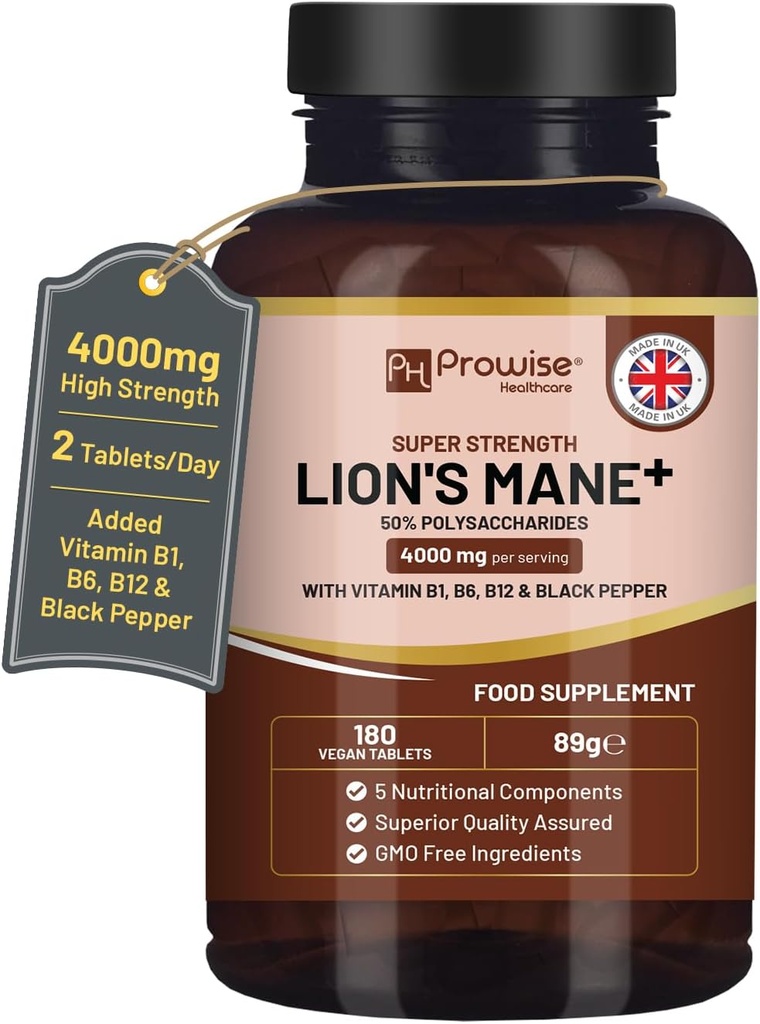 Supplément de champignons Lions Mane 4000mg avec vitamine B1, B6, B12 et poivre noir - 180 comprimés végétaliens Super Strength avec 50% polysaccharides (pas de poudre ou de capsules)