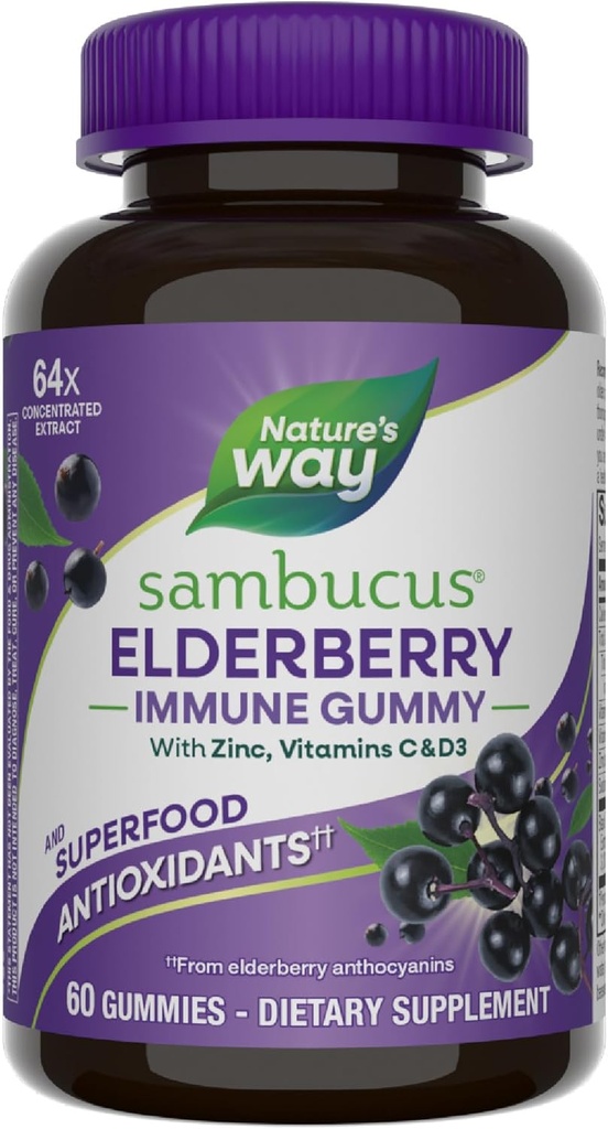 Nature Way Sambucus Immune pour mûres aînées Soutien Gommies pour les enfants et les adultes* avec extrait noir de mûres aînées, vitamine C, vitamine D3 et zinc, 60 Gommies (paquetage mai Vary)