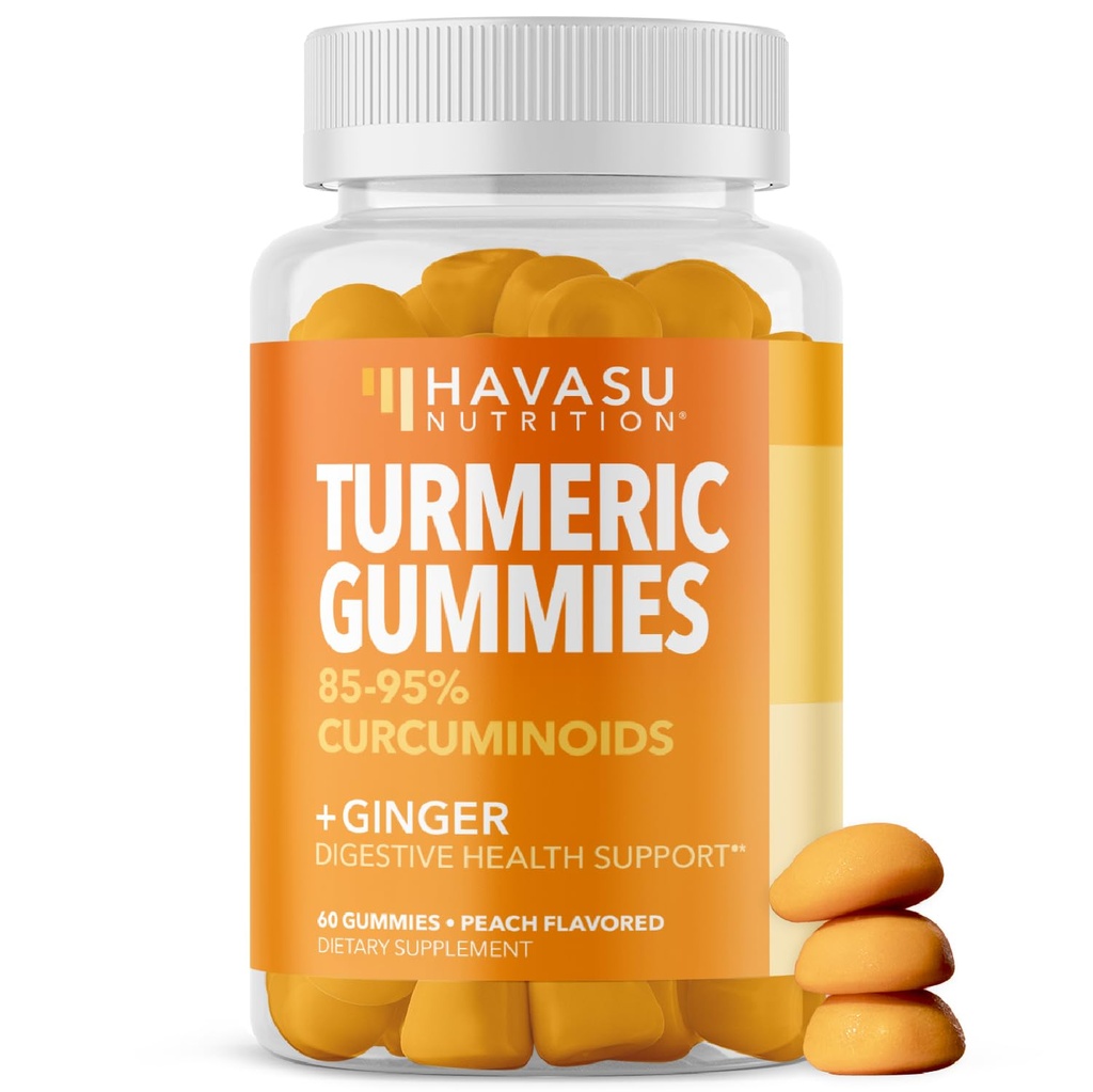 Gummies curcuma avec gingembre et 95 % de curcuminoïdes - Supplément de soutien à la santé digestive et immunitaire pour le bien-être global - 60 Compte - Vitamine vegan, non-OGM Curcumine - Peach Flavor, 1 mois d'approvisionnement