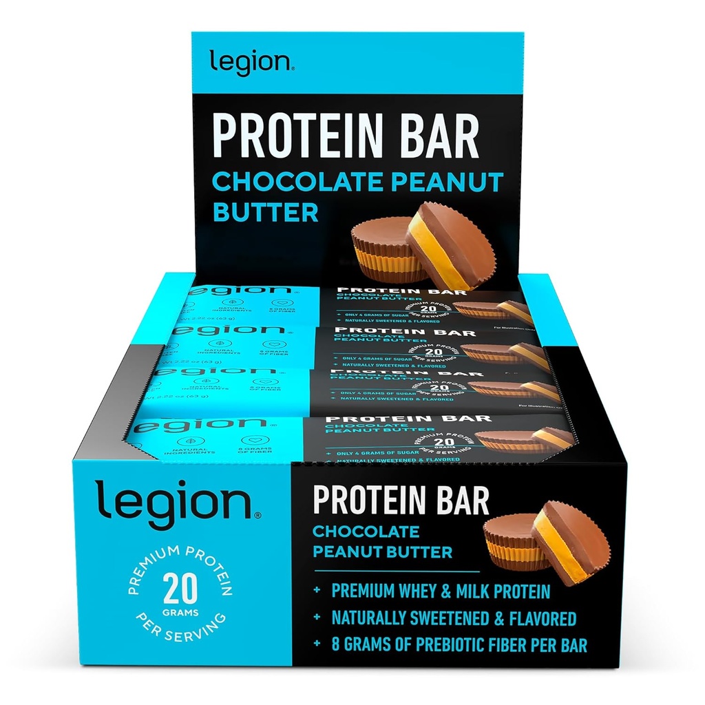 Legion Protein Bar Beurre d'arachide au chocolat - 100 % de protéines de lactosérum, barres cuites avec fibre prébiotique - haute protéine (20g) faible teneur en gras (12g) faible sucre (4g), pas de soja, gluten - saveurs naturelles (12 Nombre)