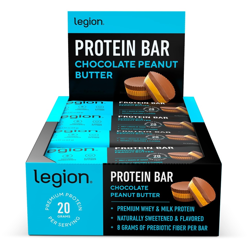 Legion Protein Bar Beurre d'arachide au chocolat - 100 % de protéines de lactosérum, barres cuites avec fibre prébiotique - haute protéine (20g) faible teneur en gras (12g) faible sucre (4g), pas de soja, gluten - saveurs naturelles (12 Nombre)