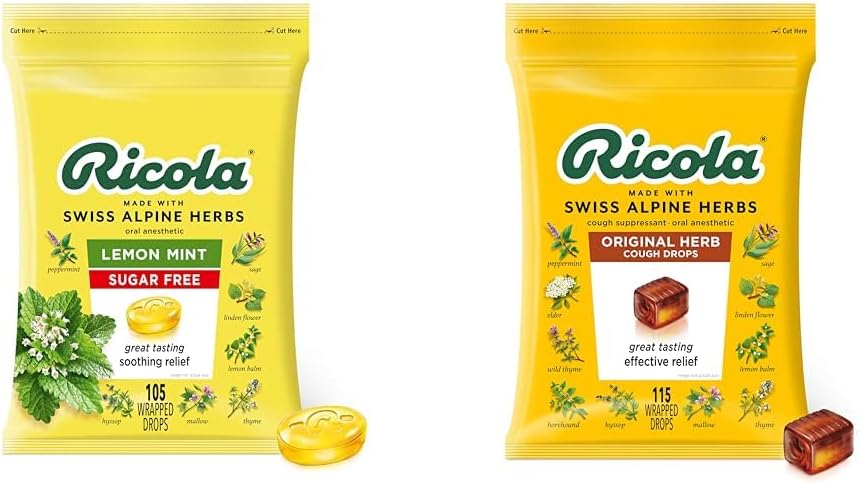 Ricola sans sucre Pas de menthe de citron Toux Supprimant les gouttes de gorge, 105ct Sac et les gouttes de toux à herbes naturelles originales, 115 Compte, Toux Supprimant et Soulagent les gouttes