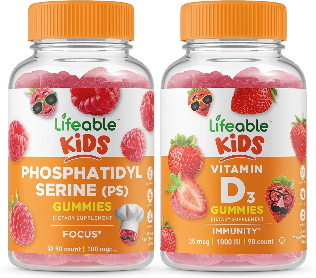 Phosphatidylsérine (PS) Lifeable Enfants + Vitamine D Enfants, Gommies Bundle - Grande dégustation, supplément de vitamine, sans gluten, sans OGM, gommy à croquer