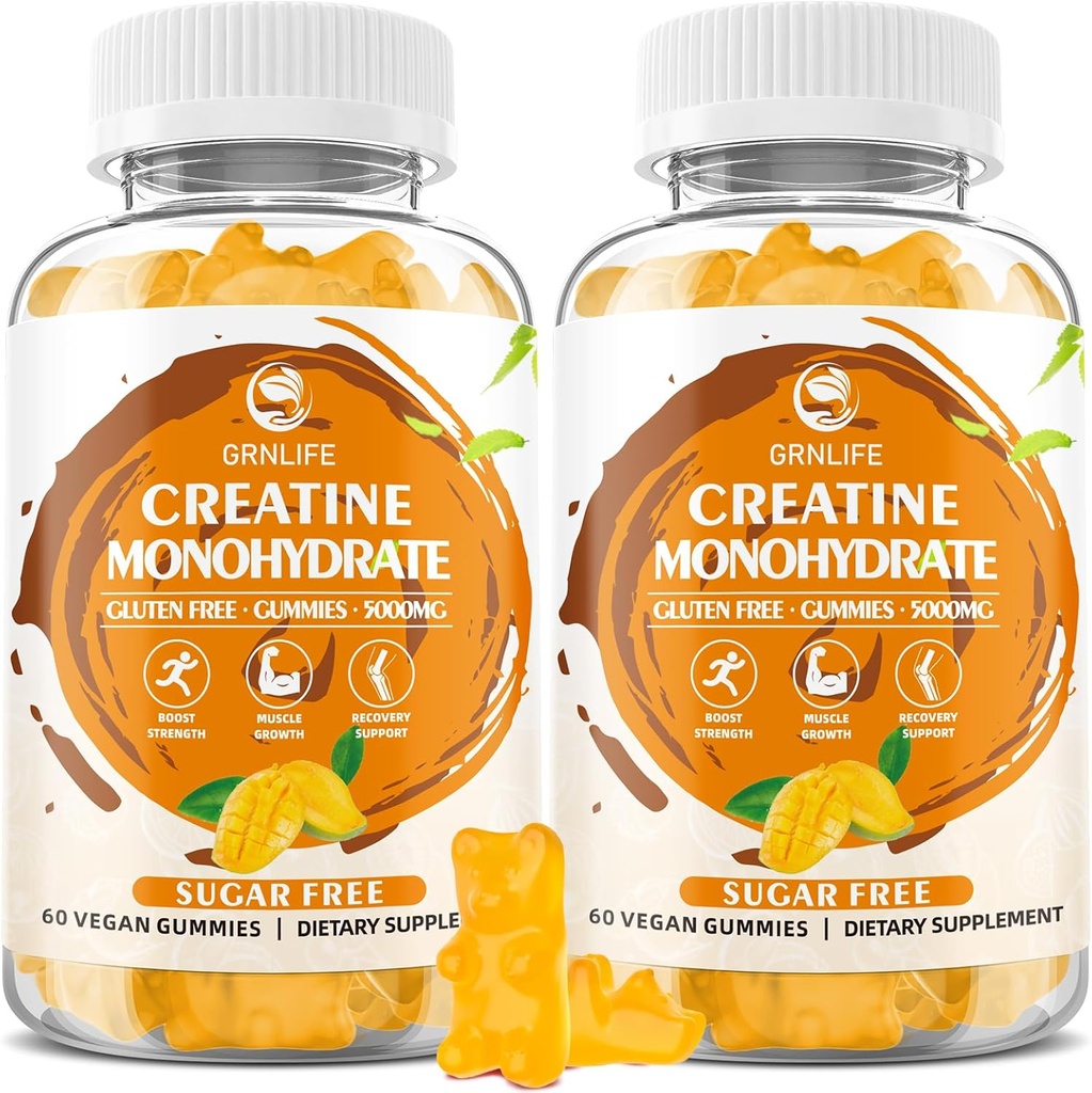 Creatine Monohydrate Gummies for Men & Women, Chewables Creatine Monohydrate for Muscle Strength, Muscle Builder, Energy Boost, Sugar Free, Vegan, Mango Flavor-120 Count