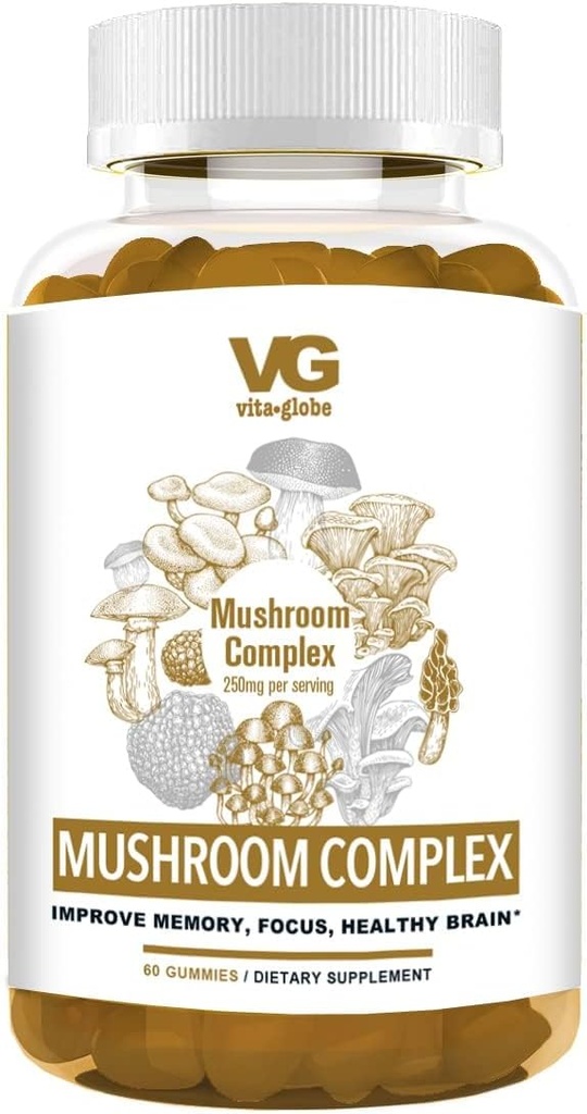 VITA GLOBE Mushroom Complex Gummies – 250mg with Reishi, Lion’s Mane, Chaga, Cordyceps & More | Daily Supplement for Immune Defense, Energy & Brain Function Support – 60 Count (Pack of 1)