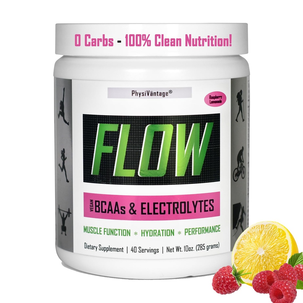 PhysiVantage - Flow Electrolyte Powder with BCAAs - Sugar-Free Hydration & Muscle Recovery Drink Mix – Vegan, Keto-Friendly Electrolytes - Zero Sugar, 40 Servings, Raspberry Lemonade Flavor