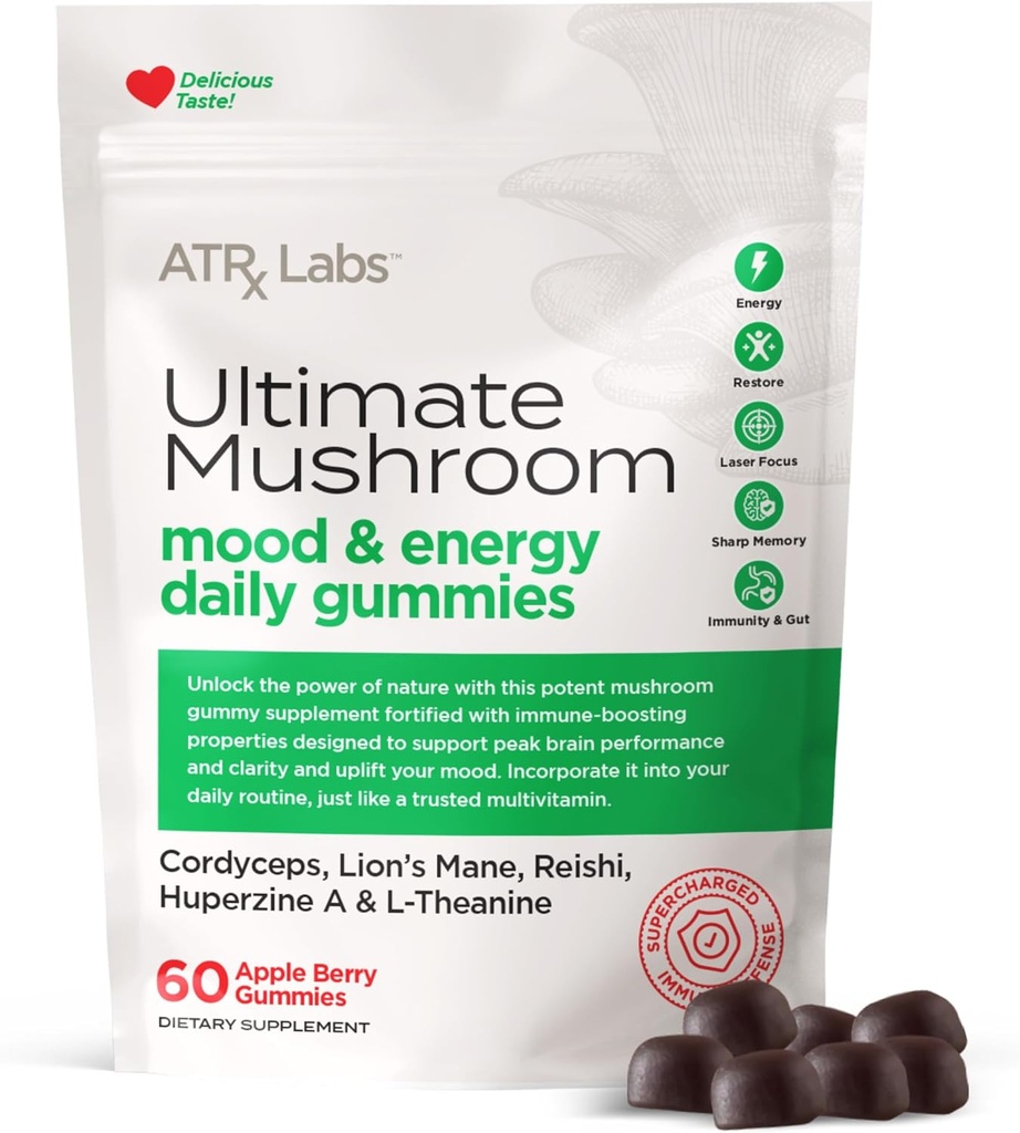 Ultimate Mushroom Daily Gummies - Mushroom Gummies avec Cordyceps, Lion, et Reishi, Plus Huperzine A & L-Theanine, peut améliorer l'humeur et l'énergie, Apple Berry Flavor, 60 Gummies