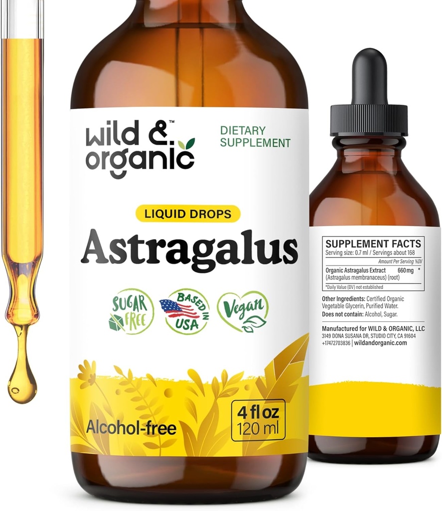 Teinture d'Astragalus sauvage et biologique - Supplément de soutien immunitaire avec extrait de racine d'Astragalus - Teinture végétalienne pour immunité - gouttes sans sucre et sans alcool - 4 fl oz