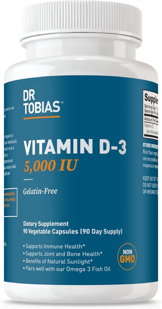 Dr Tobias Vitamine D3 5000 UI, essentielle pour la santé des os, des dents et du système immunitaire, supplément de vitamine D extra-résistance, non-OGM, 90 capsules, 90 portions