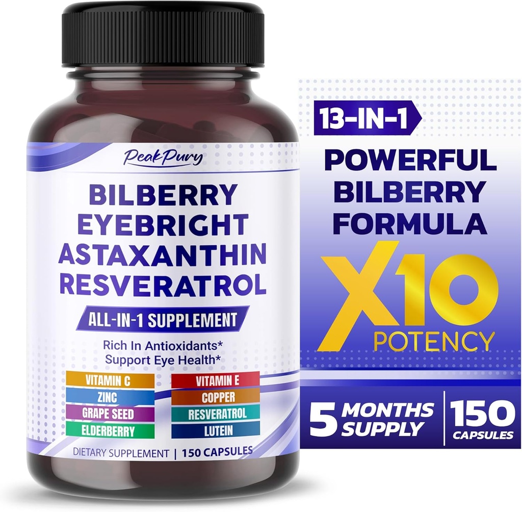 All-in-1 Bilberry Eyebright Astaxanthin Elderberry Resveratrol Supplément - Riche en antioxydants et soutient la santé des yeux - Fabriqué aux États-Unis -150 Capsules