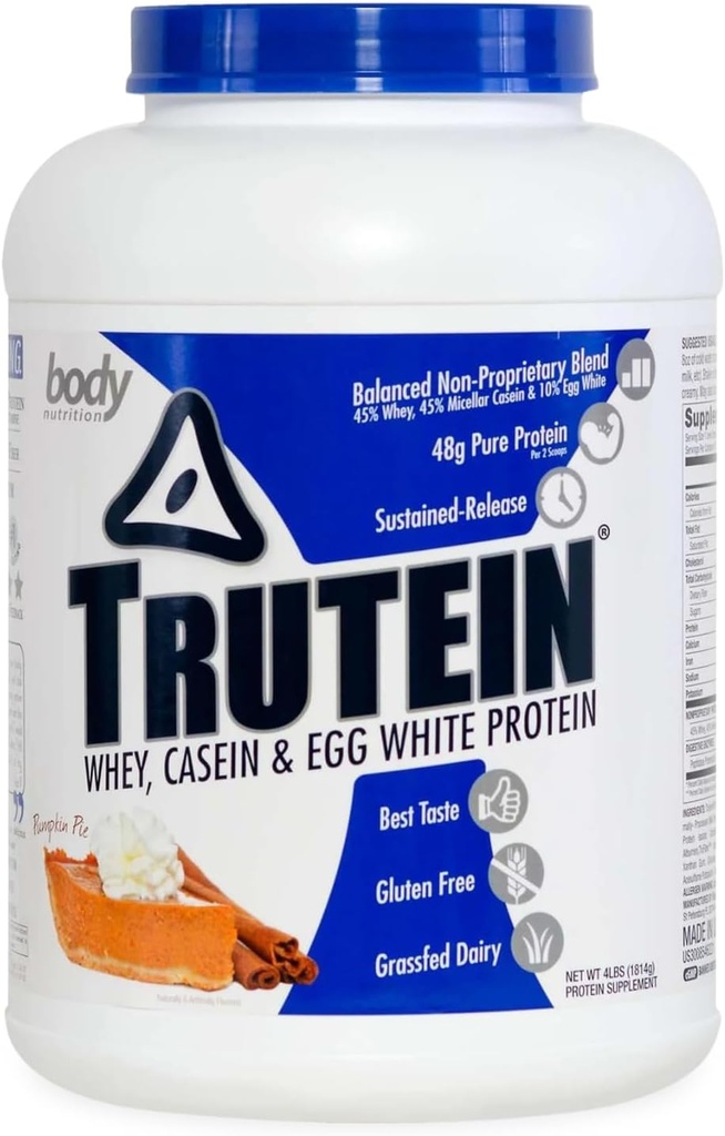 Nutrition du corps Trutein Poudre à haute teneur en protéines : 45 % Whey, 45 % Caséine, 10 % Blanc d'oeuf, Sans gluten, Faible teneur en sodium, Poudre de protéines de fer à l'herbe, Supplément de gymnastique et petit déjeuner Shake, Pie de citrouille, 4lb