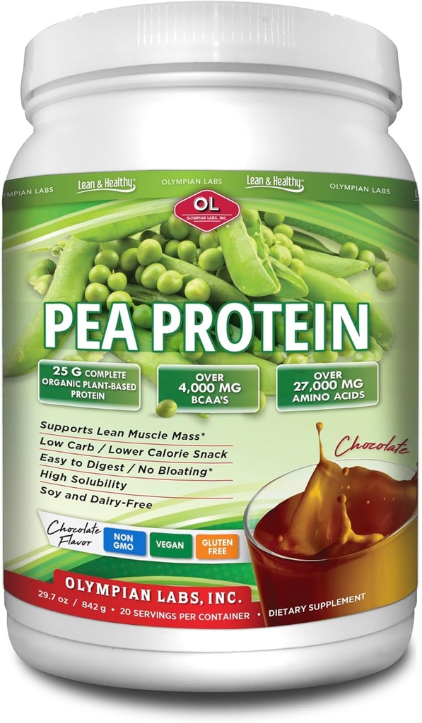 Olympian Labs Plant Based Pea Protein Powder, Chocolat - 25g de protéines, végétalien, faible teneur en glucides, sans gluten, sans lactose, sans sucre ajouté, sans soja, non-OGM, 2 Pound Pea Protein