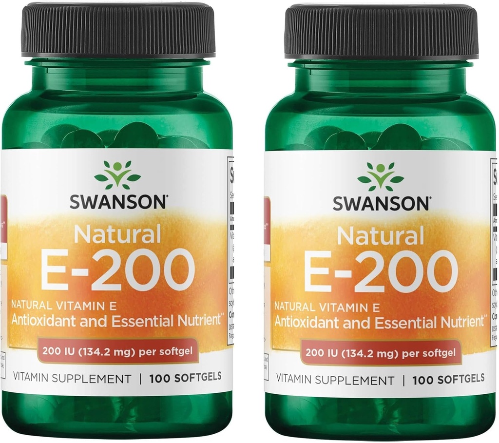 Swanson Vitamine naturelle E - Supplément naturel appuyant la santé cardiaque et la protection des tissus - Nutriments essentiels favorisant la santé et le mieux-être - (100 Softgels, 200UI chacun) (2 Pack)