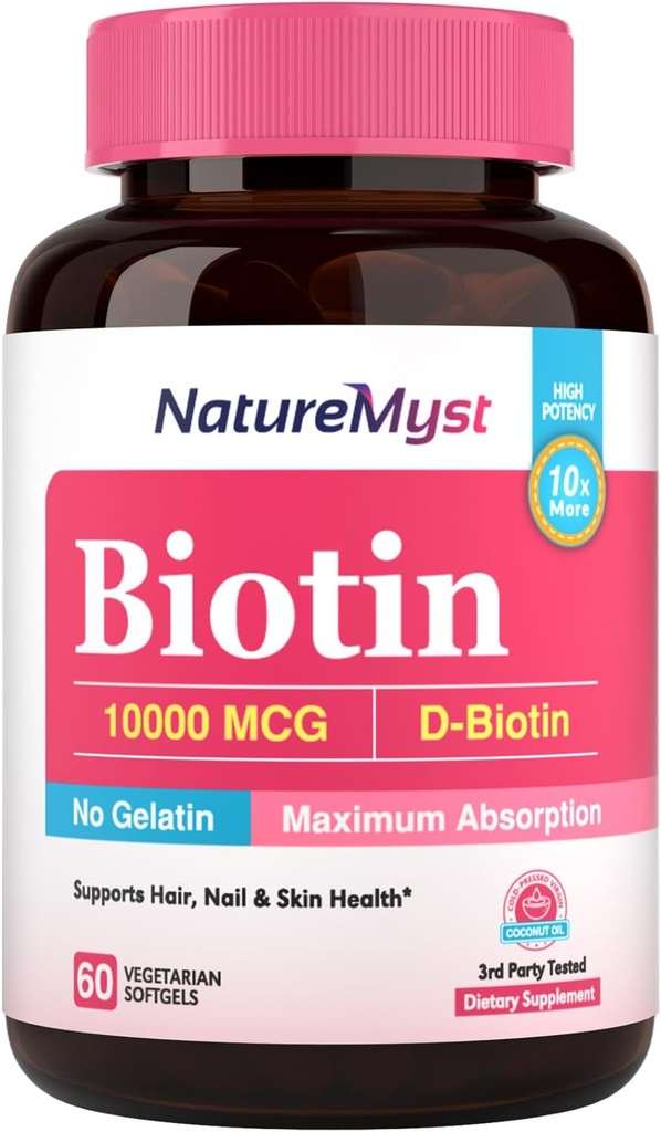 Biotine 10000 mcg, Haute puissance, biologiquement actif, huile de coco pressée à froid pour absorption maximale, sans gélatine, cheveux, ongles, peau, 60 softgels végétariens