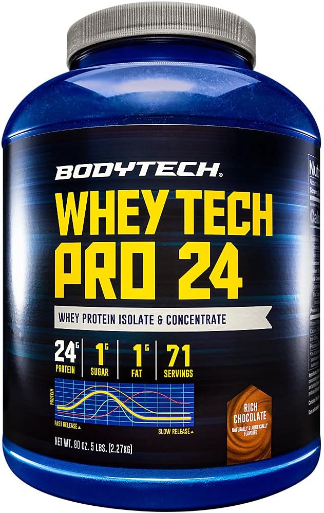 BODYTECH Whey Tech Pro24 poudre protéinée - Riche saveur de chocolat pour la croissance et la récupération musculaire, fournissant 24g de protéines par service pour la condition physique optimale et la performance (5 lbs / 71 portions)