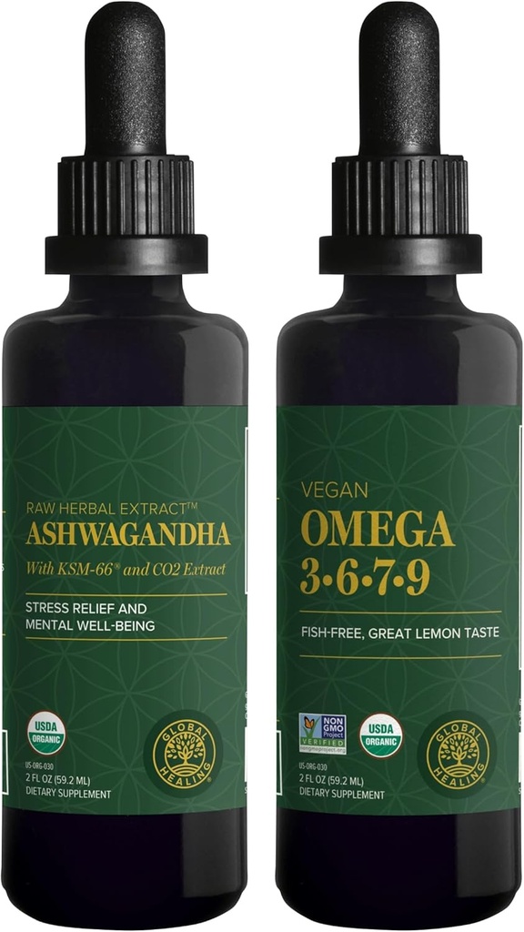 Centre de guérison mondial Ashwagandha & Omega 3 6 7 9 Kit - Aide avec la nervosité, la santé cérébrale, la santé cardiaque et la santé oculaire