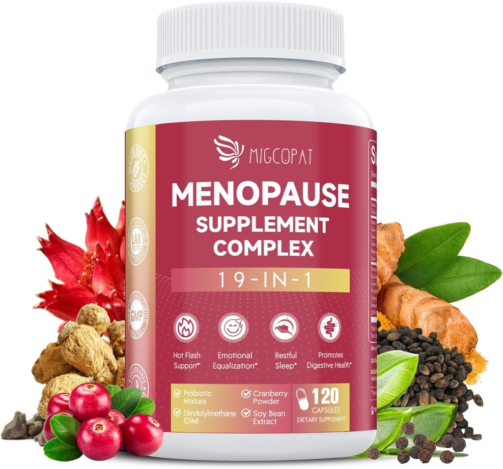 Suppléments de ménopause pour les femmes, 10 milliards CFU probiotique, extrait de multivitamines et d'Ashwagandha 19-en-1, DIM, équilibre hormonal, soutien des éclairs chauds, sueurs nocturnes, humeur, sommeil, 120 capsules