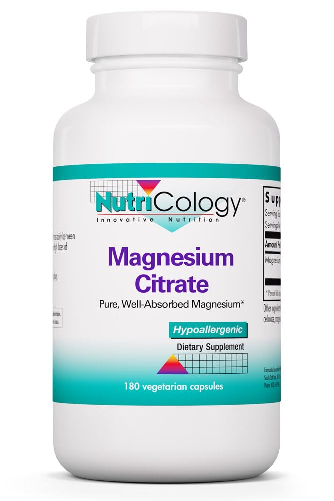 NutriCology Magnesium Citrate - Bioavailable Chelated Magnesium - Nervous System & Muscle Support - Vegetarian Capsules - Hypoallergenic Formula - 180 Servings - 180 Count