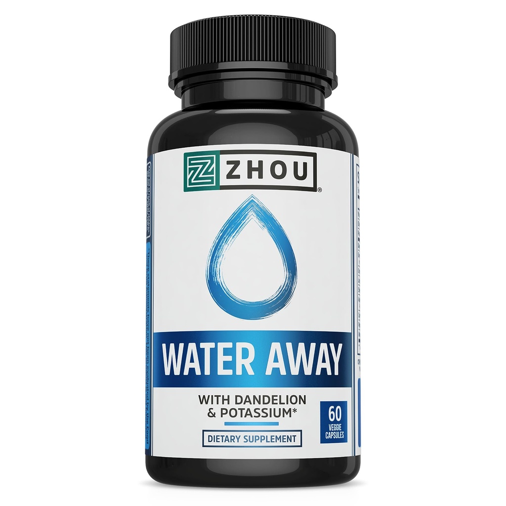 ZHOU Water Away Formule à base de plantes pour un équilibre fluide sain avec Dandelion, Potassium, Thé vert et plus 60 Capsules