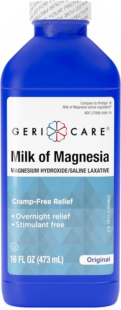 GeriCare Lait de Magnésie, d'Hydroxyde de Magnésium 1200mg de Relief rapide de Constipation Nuitée.