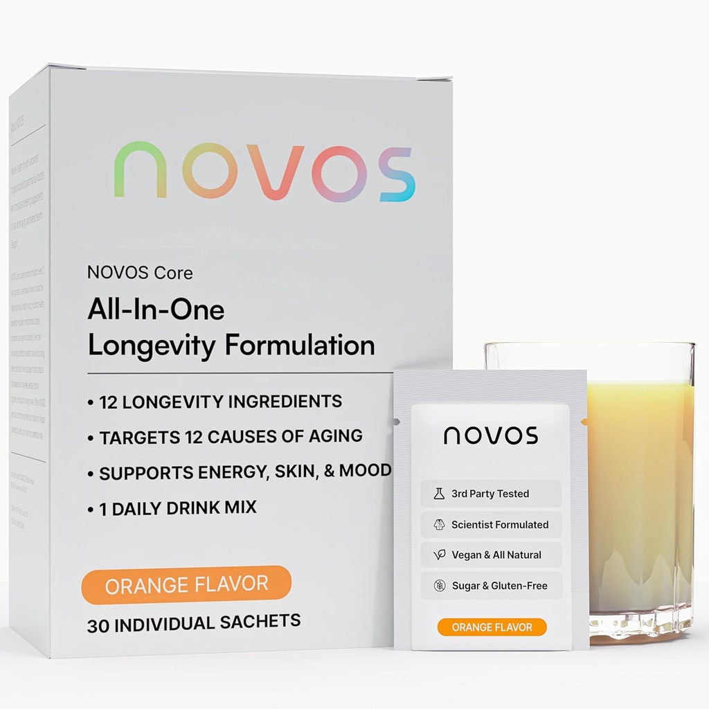 NOVOS Core Longevity Mix, Supplément anti-âge, Powder Packet Orange Flavor - Soutien de la peau, énergie, humeur, sommeil et cognition - 30 portions