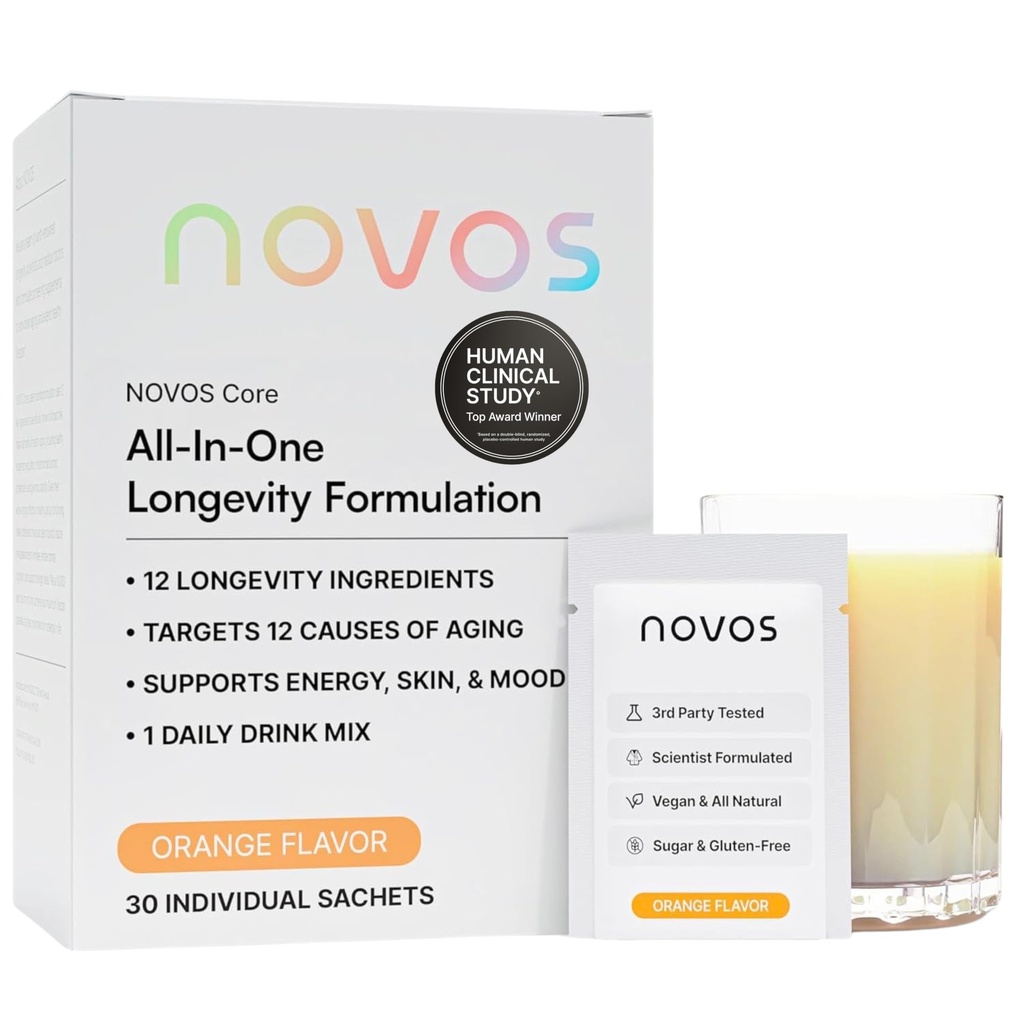 NOVOS Core Longevity Mix, Supplément anti-âge, Powder Packet Orange Flavor - Soutien de la peau, énergie, humeur, sommeil et cognition - 30 portions