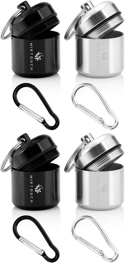 Porte-clés porte-clés portatifs pour comprimés de glucose rond et la médecine critique - Discreet porte-clés étanche porte-clés porte-conteneurs avec des carabines fortes - boîte de mousse en alliage d'aluminium - 4 Pack
