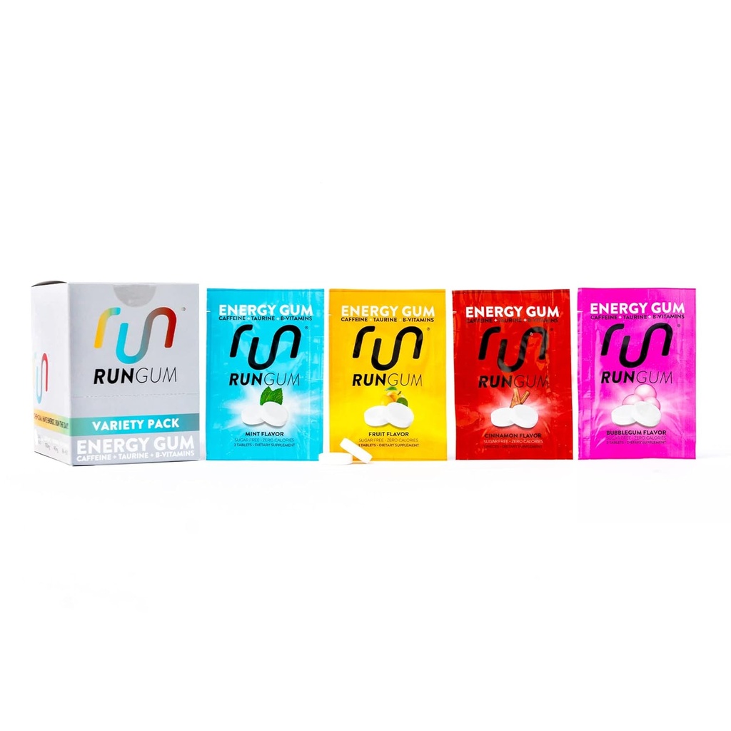 RUN GUM Variety PackEnergy Chewing Gum 50mg Caféine Taurine et B-Vitamines par pièce, 24 pièces (paquet de 12) sans sucre, zéro calories, sans aspartame et sans gluten