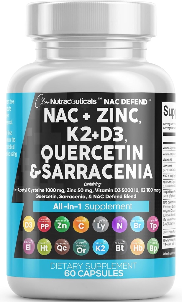 Supplément NAC N-acétyl Cysteine Vitamine D3 K2 Zinc Quercetin Sarracenia Purpurea Immune Support de la propolis de l'abeille de Basilic Saint-Aîné Bromelain L-Lysine Capsules Suppléments Pour Femmes Hommes Adultes