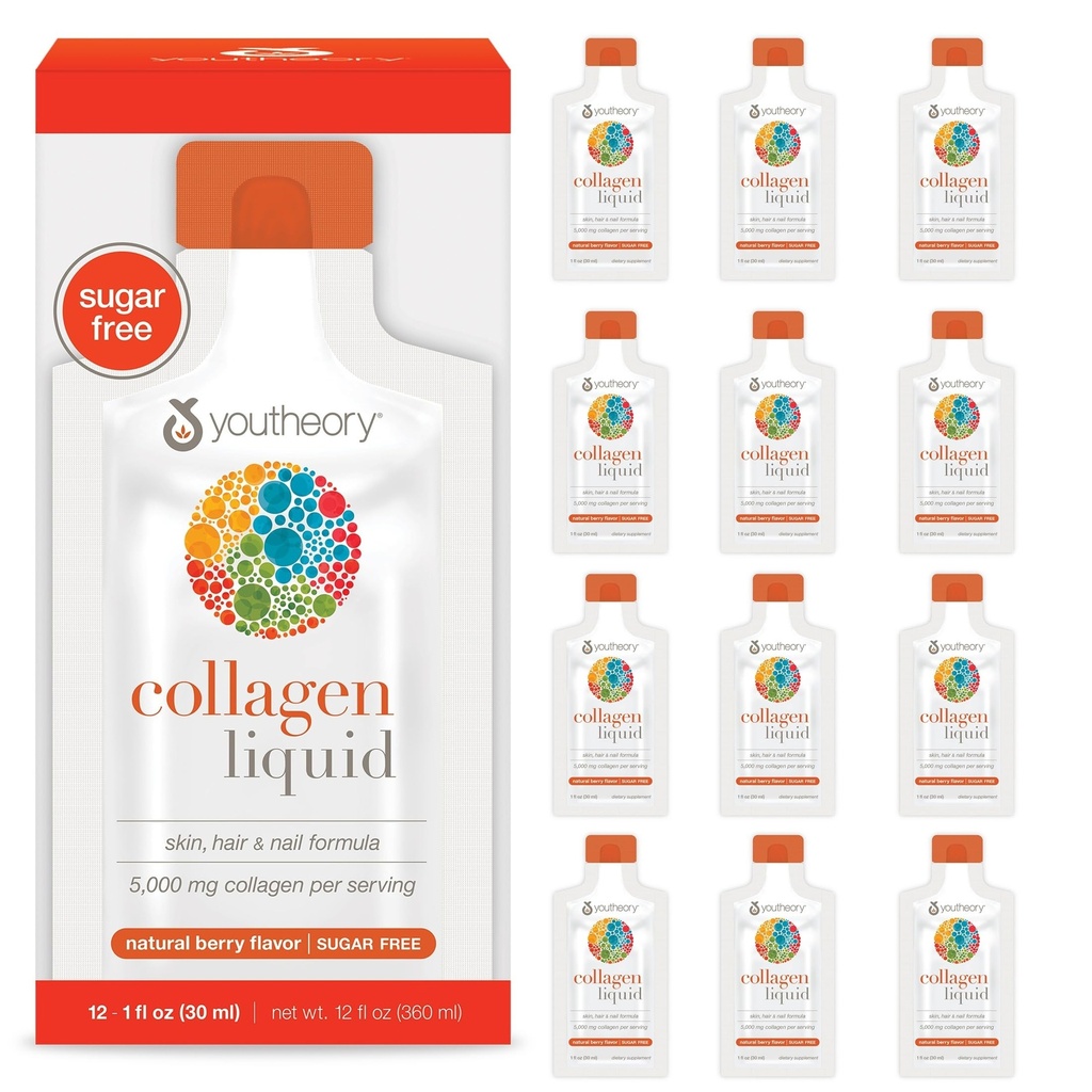 Youtheory Collagen Liquid - 5 000 mg - pour la croissance des cheveux, la peau et les ongles* - soutient la santé des articulations, des os et des muscles* - avec les acides aminos - Berry Flavor - 12 paquets de service unique (12 jours)