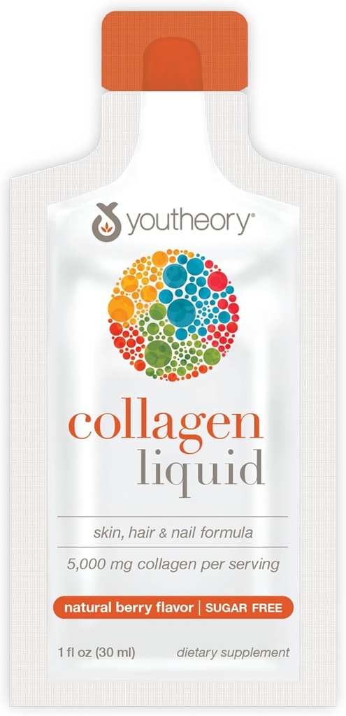 Youtheory Collagen Liquid - 5,000 mg - for Hair Growth, Skin & Nails* - Supports Joint, Bone & Muscle Health* - with Amino Acids - Berry Flavor - 12 Single Serving Packets (12-Day Supply)