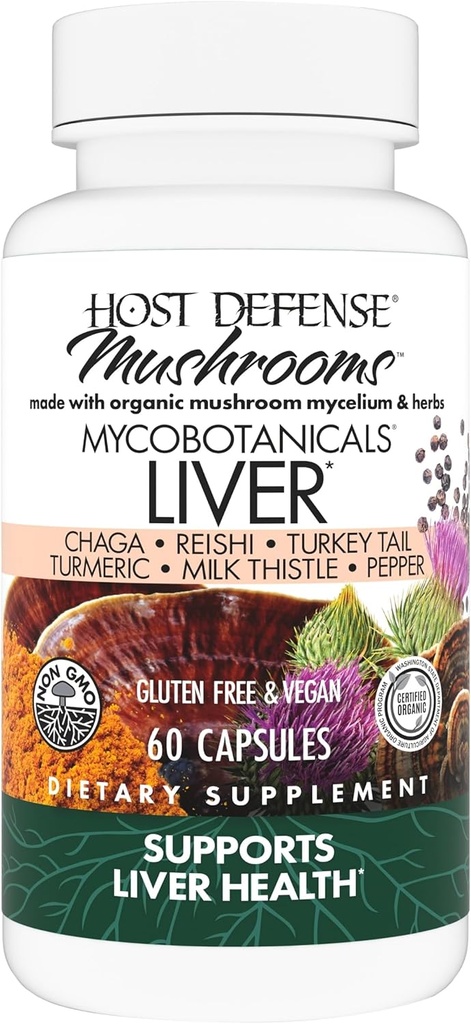 Défense de l'hôte MycoBotanicals Capsules de foie* - Supplément de santé du foie avec le chardon et la racine curcuma - Supplément de champignons avec la queue de dinde, Reishi & Chaga - 60 capsules (30 portions)*